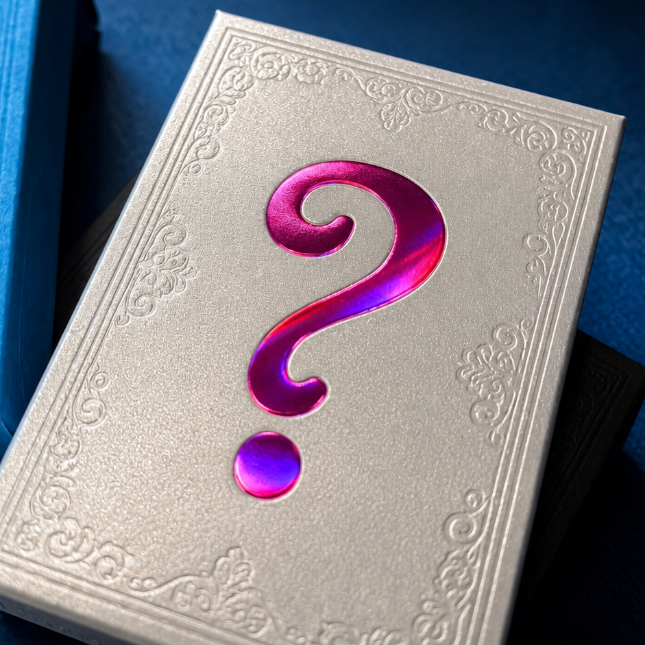 A close-up of a white embossed book or box cover with a large iridescent pink-purple question mark, with part of a blue matching box visible at the left edge on a dark blue background.
