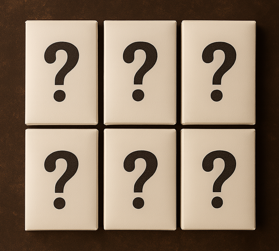 Six playing card boxes with question marks on a brown background