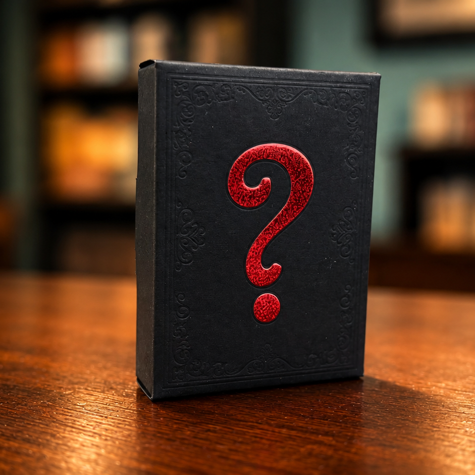 A dark textured box standing upright on a wooden table, featuring a large red glittery question mark on the front, with a blurred library or study background.