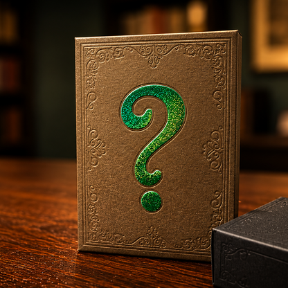 A textured brown mystery box with an embossed ornate border and a large glittery green question mark on the front, standing on a wooden table in a dimly lit library. A black box with a red question mark is partially visible in the foreground.
