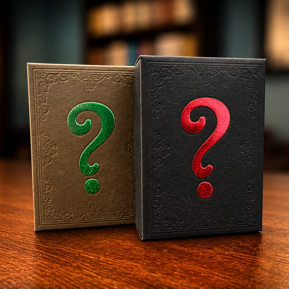Two mystery boxes standing on a wooden table in a dimly lit room. One box is textured tan with a green question mark, and the other is dark gray with a red question mark.