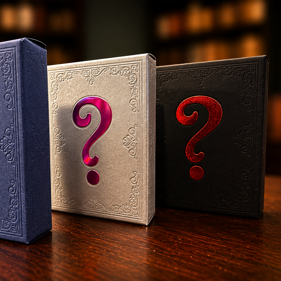 Three embossed mystery boxes with large question marks on the front, standing on a wooden table in a dimly lit room. The boxes are blue, beige, and black, with iridescent, pink, and red question marks respectively.
