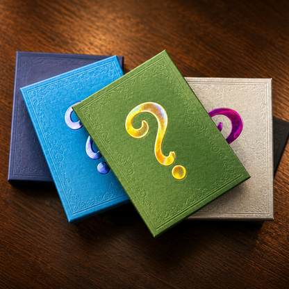 Three small hardcover books or notebooks stacked on a wooden surface, with the top green book featuring a large gold question mark and the others showing blue, white, and purple question marks.